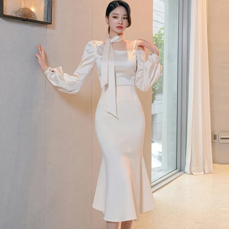 

Fashion Elegant 2 Pieces Outfits Women Off The Shoulder Long Sleeve Tops Shirt Blouse Ruffles Fishtail Skirt Sets Spring