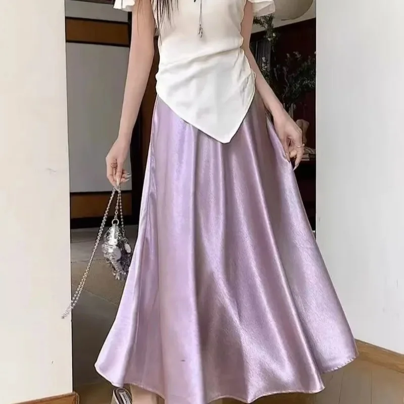 Lavender Satin A-Line Midi Skirt Women Chic Loose Flowy Skirt Summer Night Out Skirt