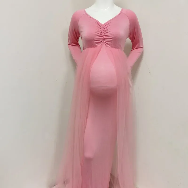 

Baby Shower Long Tulle Dress Slash Neck Maternity Photography Props Tulle Maxi Gown Pregnant Woman Long Dress