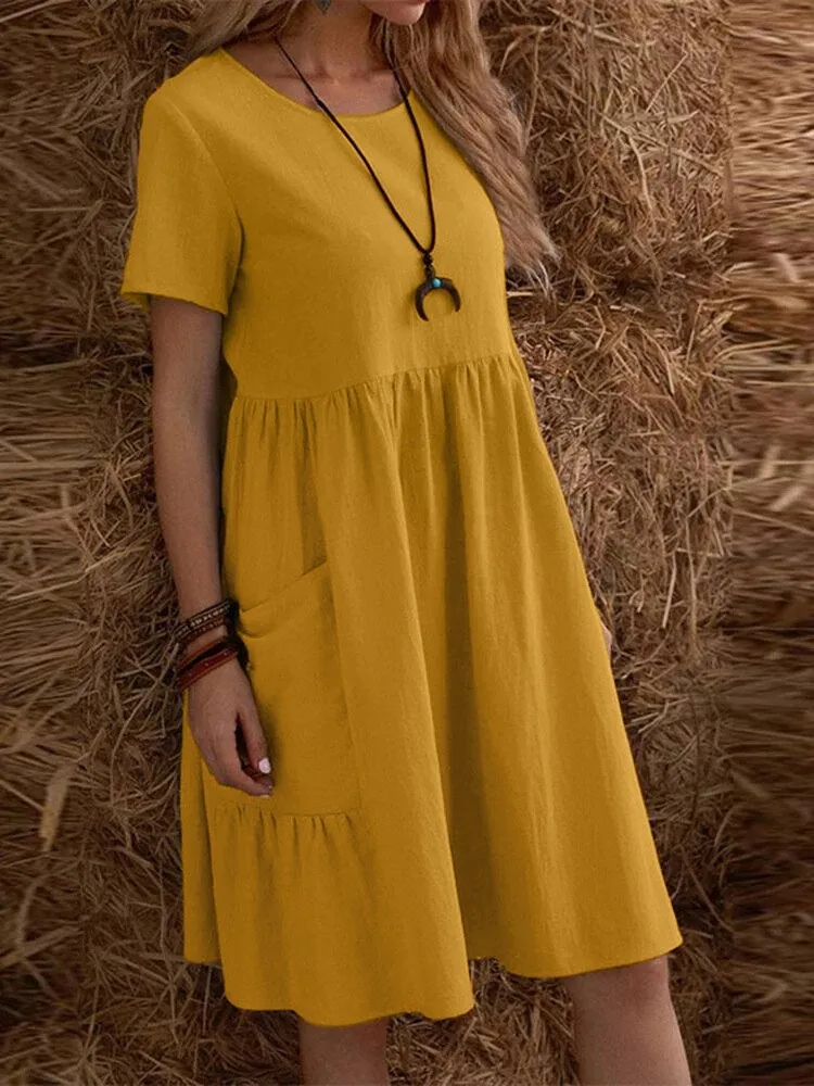 Casual Loose Solid Color Short Dresses For Women 2024 Summer Simple A-Line Pocket Midi Dress Elegant Vintage Female Dresses