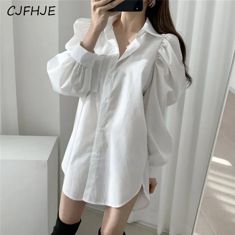 

CJFHJE New Women Summer Blouse Shirts Fashionable Single Breasted Casual Versatile Pockets Puff Sleeve Wild Lady White Tops