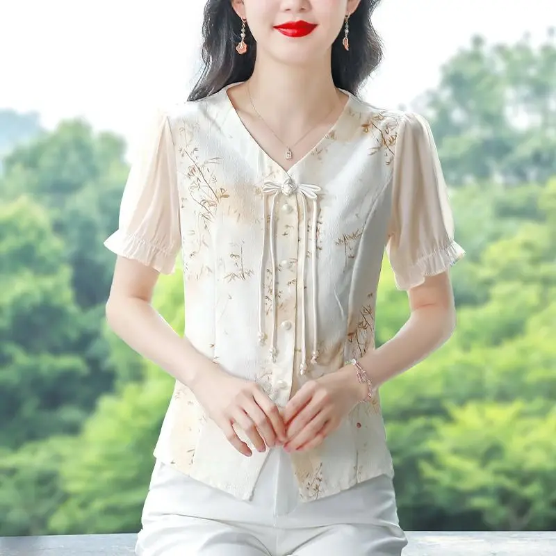 Chinese Style Chiffon Shirt Women Short Sleeved Summer New Unique Middle Age Vintage Floral Bamboo Printing Slim Short Tops