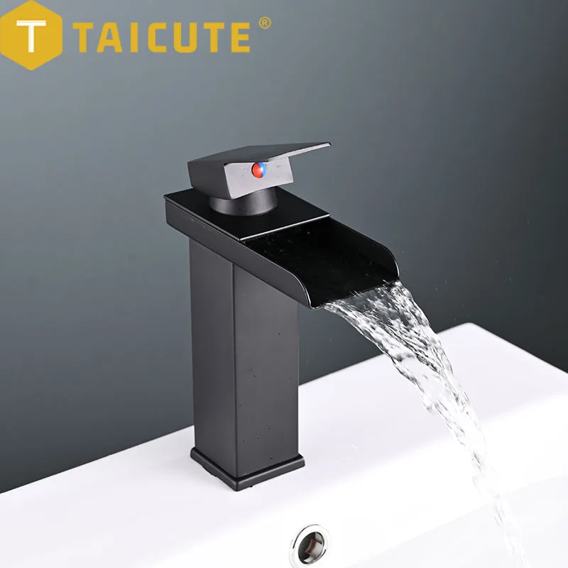 TAICUTE Washbasin Faucets Waterfall Sink Faucet Hot Cold Water Mixer Tap Stainless Steel Bathroom Accessories, Black Chrome