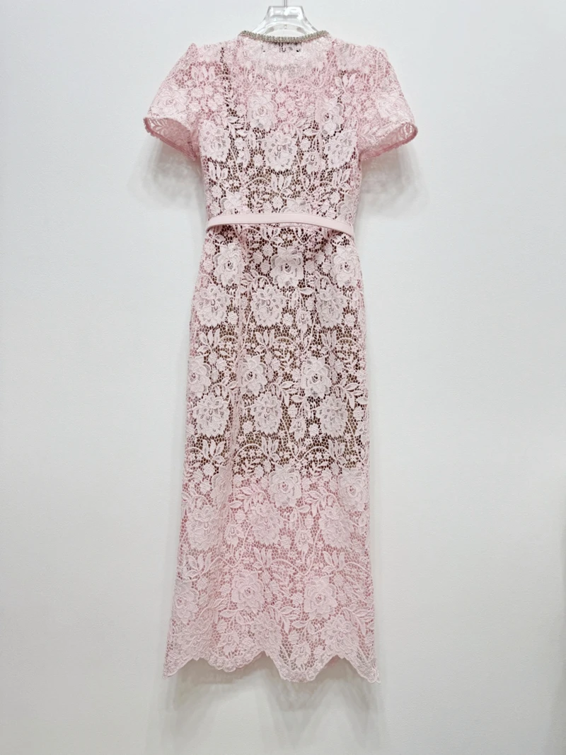 High Quality 2024 Autumn New Women Lace Midi Dress Diamonds Bow Pink Floral Crystal Short Sleeve Single Breasted Party Dresses