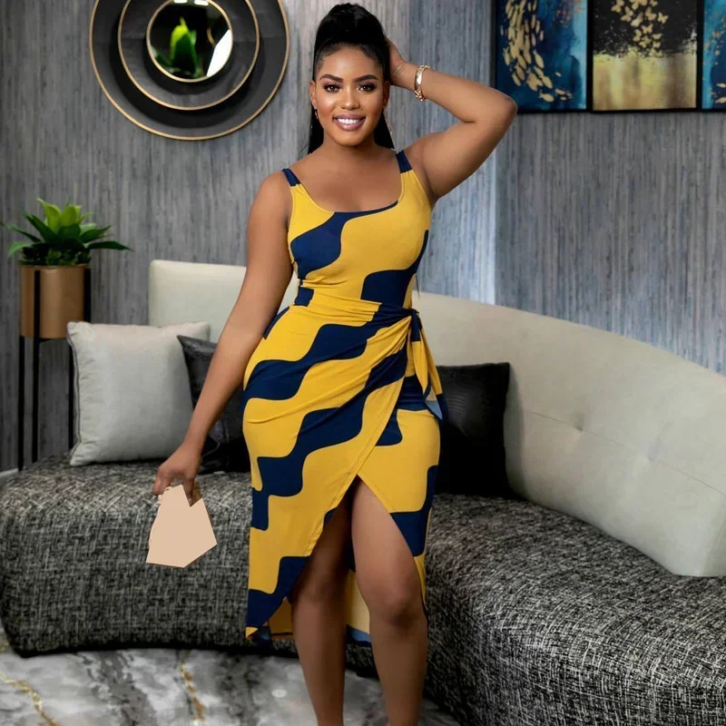 GUWU Tie Up Side Split Wave Stampa Aderente O-Collo Canotta Abito da donna Estate Sexy Party Midi Matita Abiti Abiti