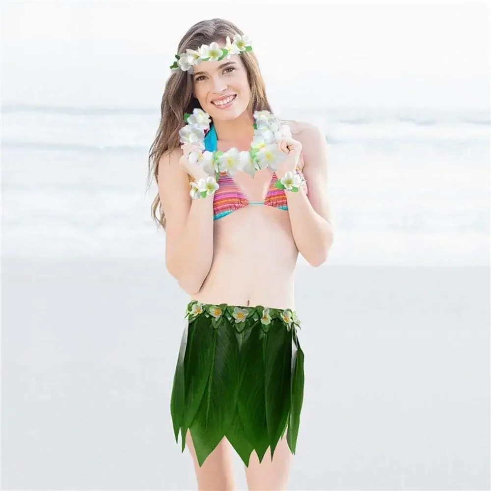 Leaf Hula Skirt and Hawaiian Leis Set Grass Skirt with Artificial Flowers Hula Costume Beach Party  Birthday Wedding Festival