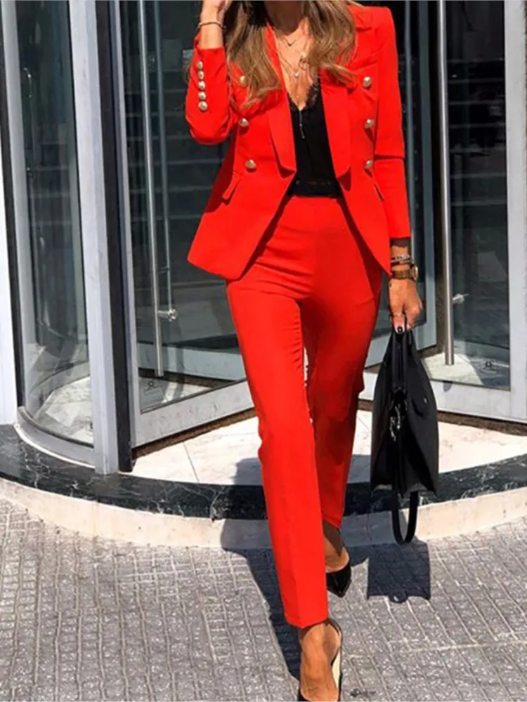 

Autumn Simple Solid Color Fashion Trousers Set Women's Elegant Temperament Button Top Slimming Trousers Two-piece Set