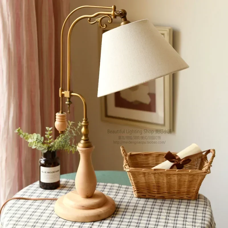 American Retro Vintage British Grille Table Lamp - Solid Wood Adjustable, Decorative for Bedroom & Sofa Side