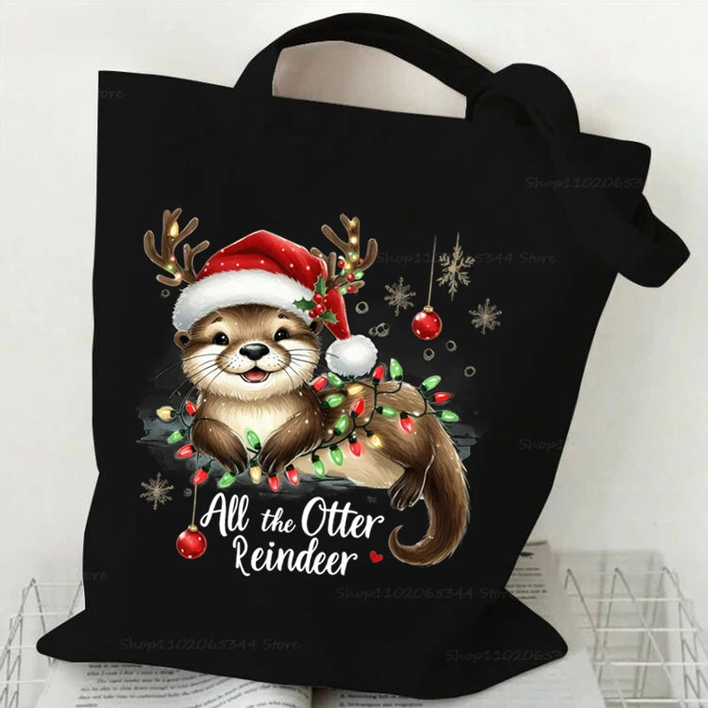 Hope Your Christmas Is Meowy Bright Shoulder Bag Women Cartoon Frog Cat Vintage Canvas Tote Bags Cartoon Animal Xmas Handbags