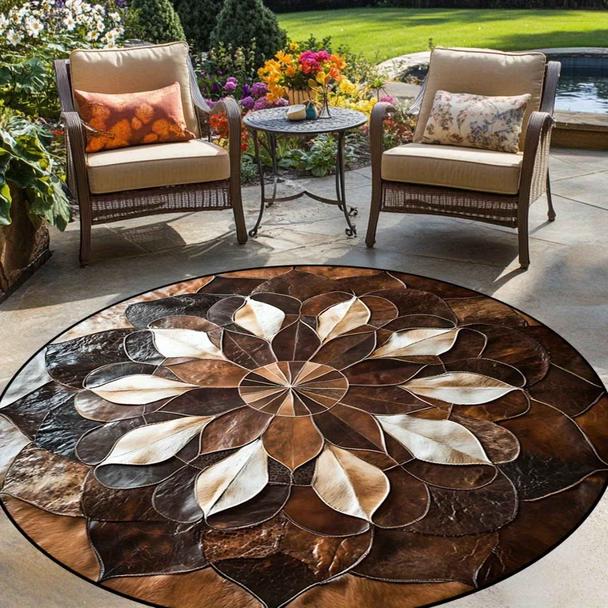 Vintage Blooming Flower Cow Hide Circular Area Rug  Mixed Brown Leather Patch Round Decor Mat for Backyard Garden Living Room