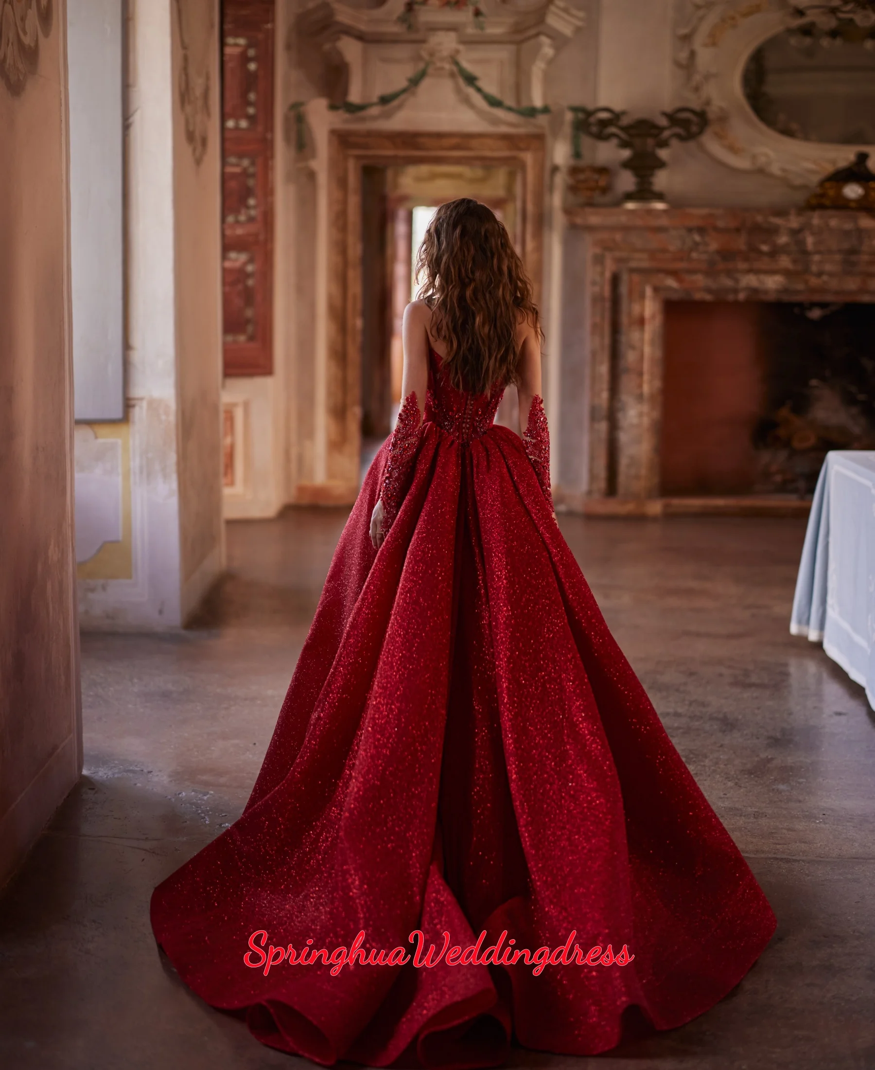 Customized Luxury Wine Red Beading Long Dress Shining Sequin Party Gown Long Sleeves Backless wedding Dress Vestidos De Novia