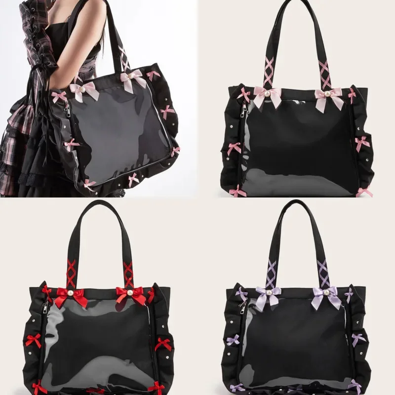 Landmine Bow Tie Itabag Japan Ruffle Edge Ribbon Hand-held Shoulder Tote Bag Badge Bar High Capacity Zip Bag Women's Handbag New