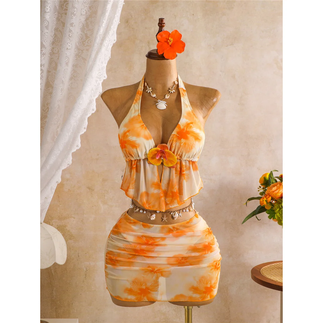 3D-Blumenmuster mit Rock, Neckholder-Bikini, Damen-Badeanzug, dreiteiliges Bikini-Set, Badebekleidung, Badeanzug, Schwimmbekleidung V8422 – Detail 13
