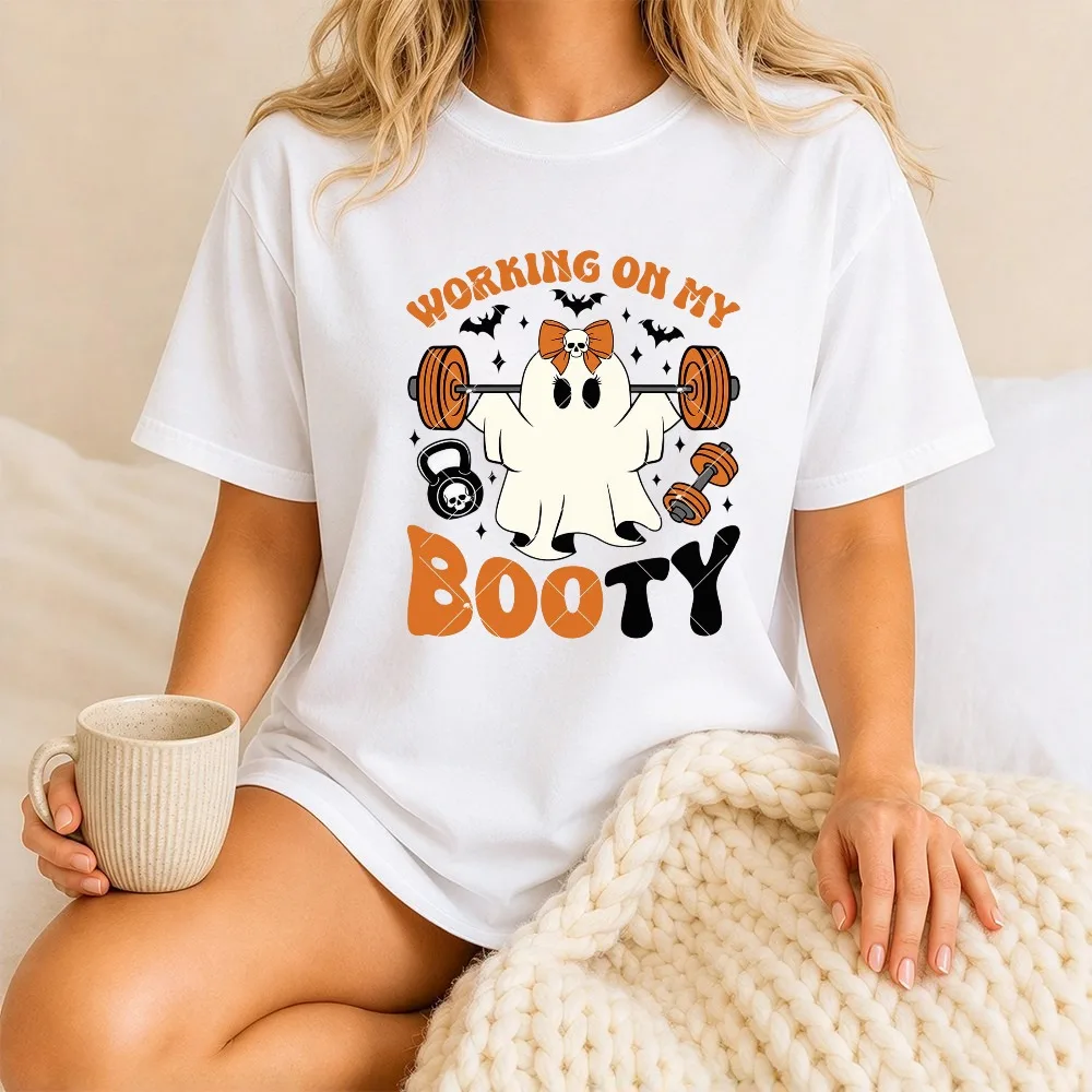 Cute Ghost Gym Workout Cotton T Shirt Halloween Ghost Weight Lifting Tees Unisex Streetwear Funny Holiday Gift for Sports Lovers