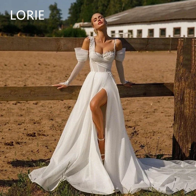 

LORIE A-line 3D Appliques Side Split Wedding Dress Spaghetti Strap Off Shoulder Bridal Gowns Sweetheart Wedding Gown Customized