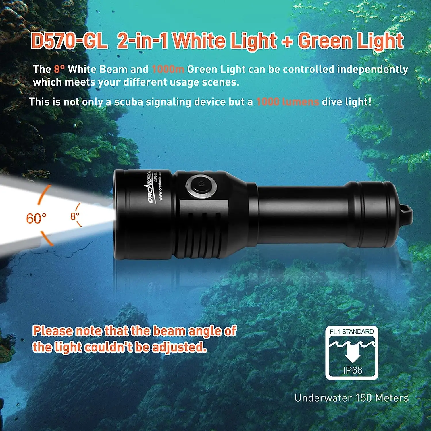 ORCATORCH D570-GL High Power Scuba Diving Flashlight Underwater Lantern Green Laser LED Lamp IPX8 Waterproof Diving Torch Light