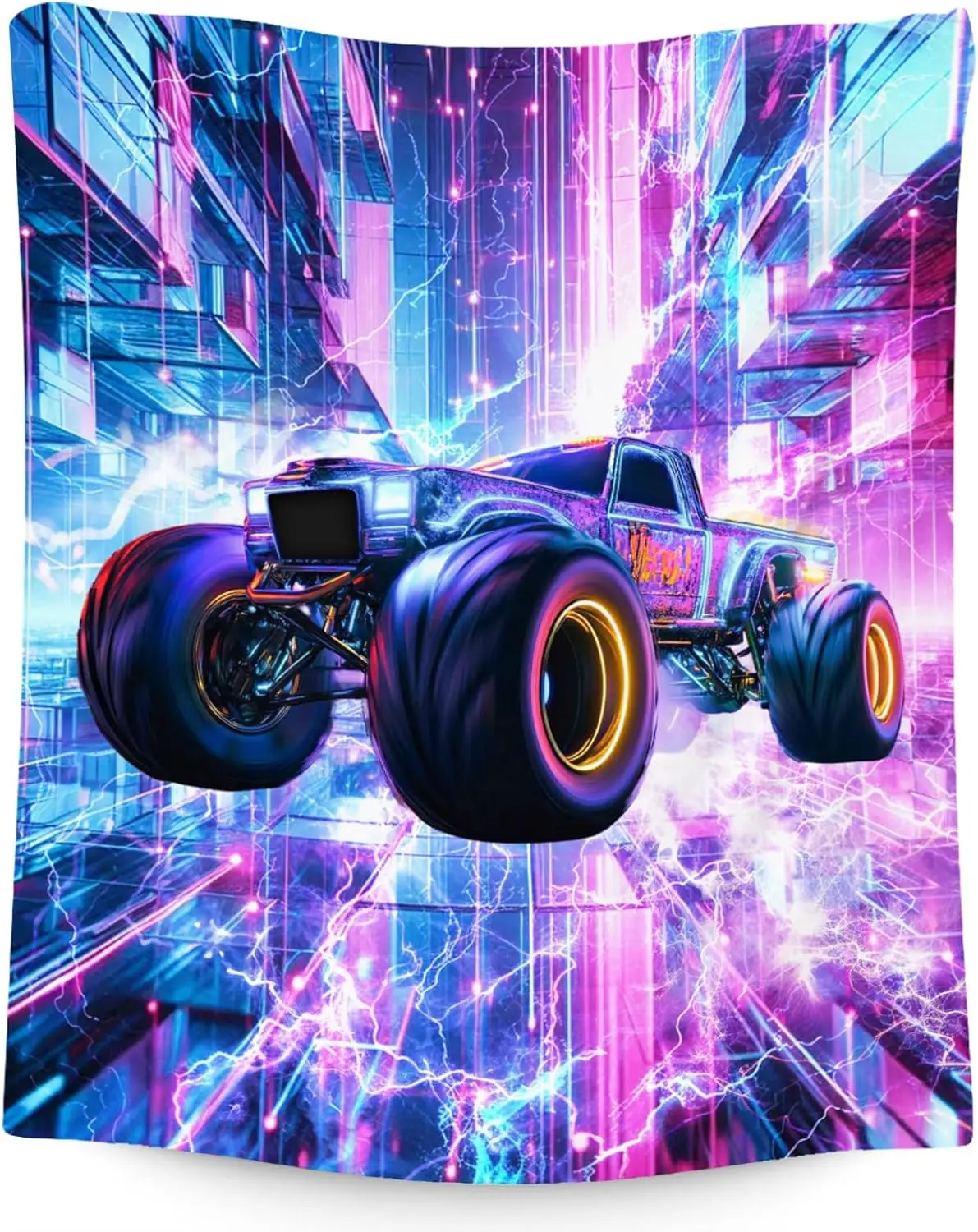 Neon Monster Truck Tapestry Cyberpunk City Art Electric Lightning Urban Wall Hanging Garage Decor Futuristic Vehicle Bedroom Art