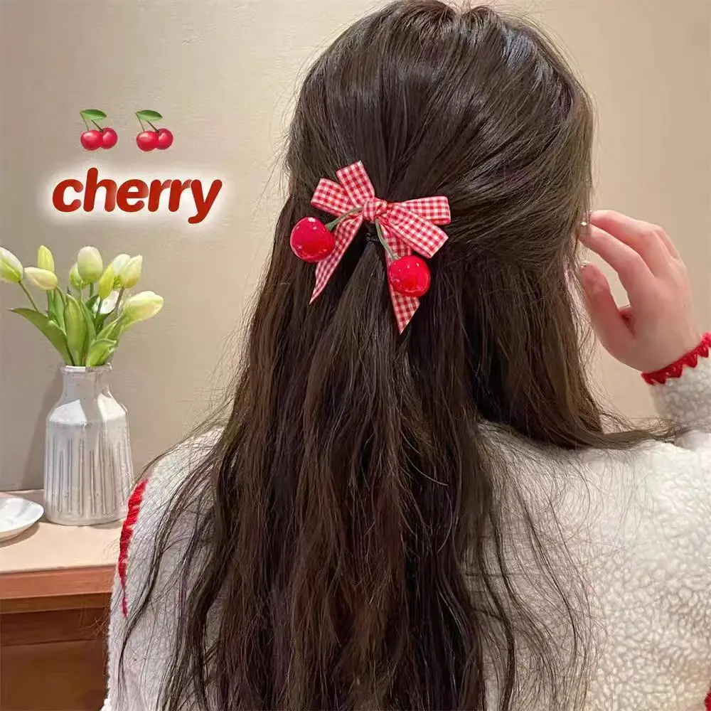 

Заколка для волос с вишневым бантом в корейском стиле, милое сердце девушки, свежая боковая заколка, аромат сельской местности, сломанная заколка для волос