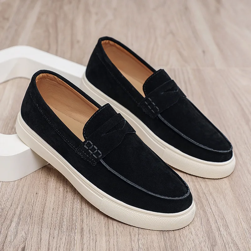 New Men's Shoes Fashion Penny Loafers Suede Upper Slip on Thick White Sole Comfort Anti Slip Casual Street Shoes Tenis Masculino