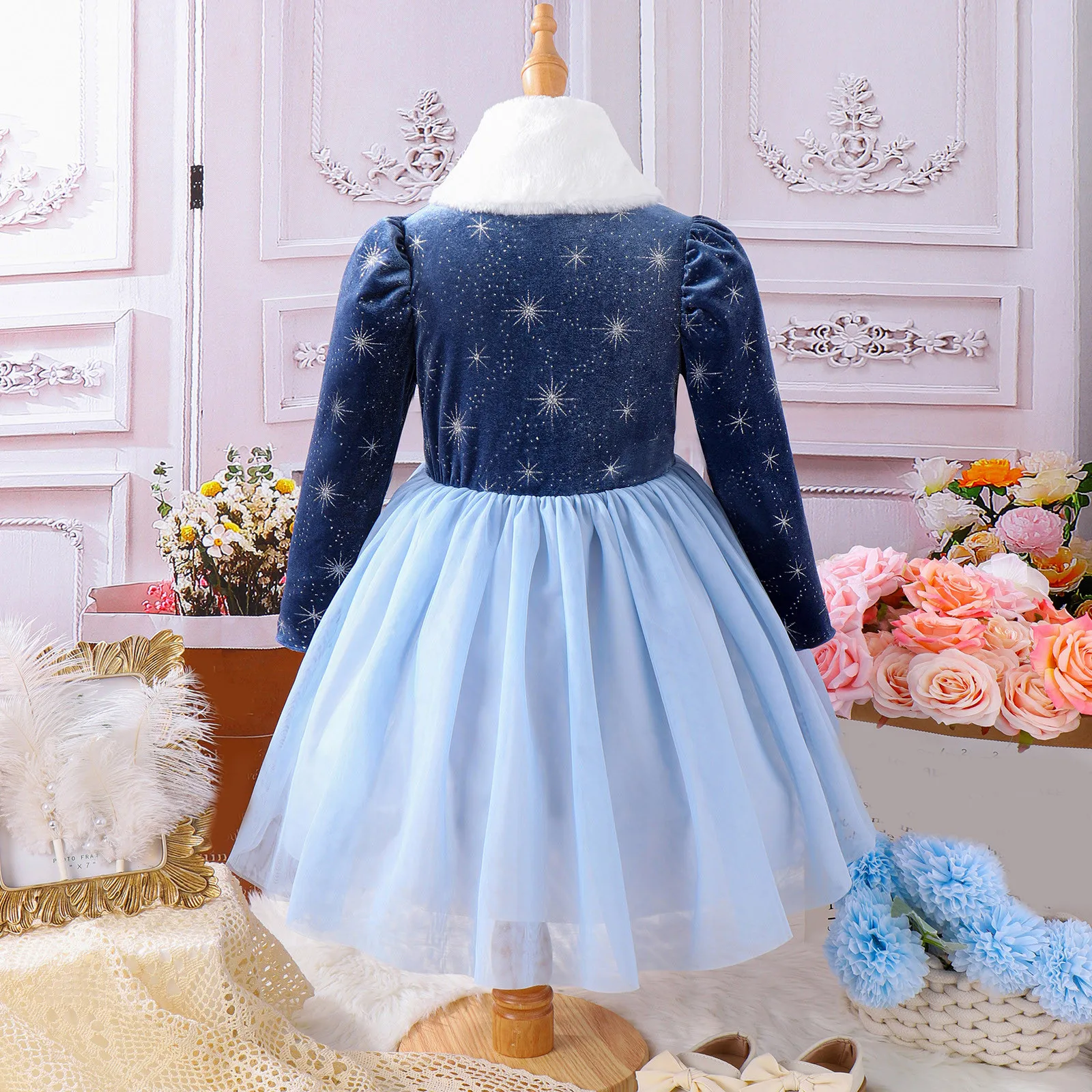 Little Kids Baby Girls Christmas Princess Dress X-mas Snowflake Print Long Sleeve Velvet Patchwork A-Line Dress with Scarf 4-7T