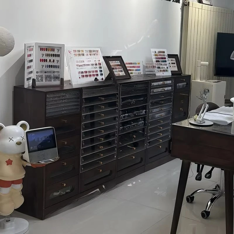 Solid Wood Vintage Style Nail Art Display Cabinet Nail Polish Storage Cabinet  Gel Nail Salon Storage Cabinet