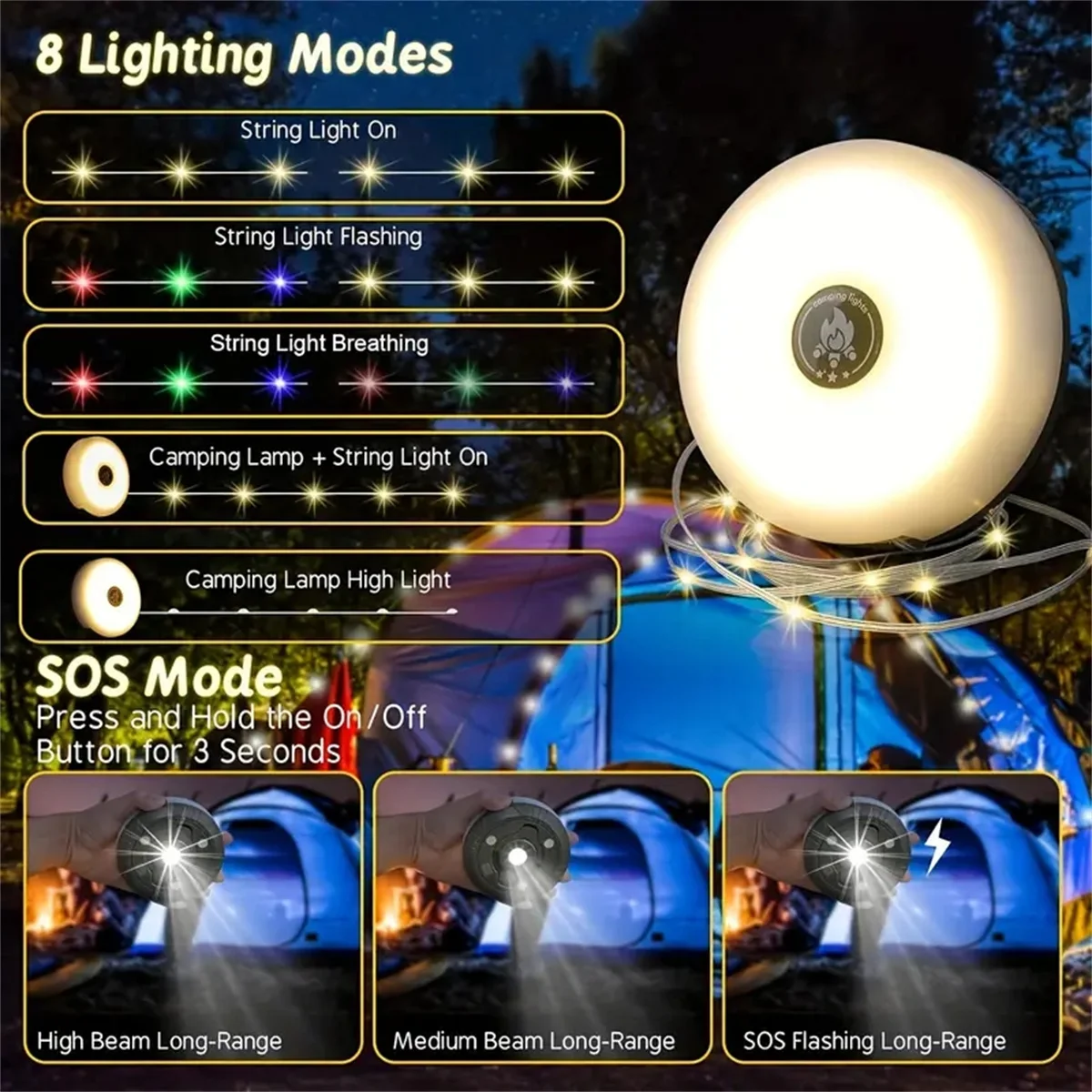 10M Camping String Light 3-in-1 Tent Light Rechargeable RGB&Warm Light 8 Mode Outdoor/Indoor Hanging LED Fairy Light For Camping