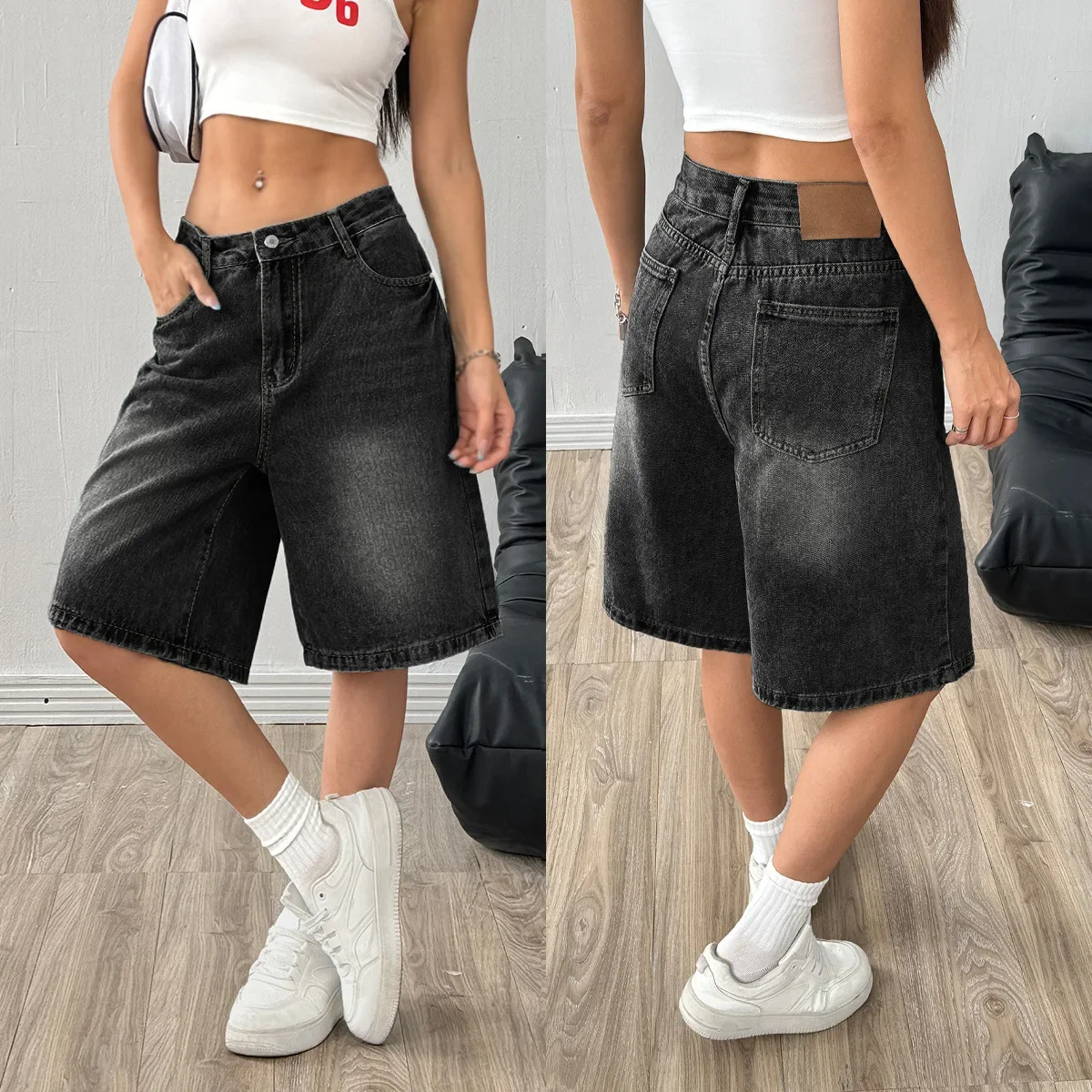 Amerikanischen Stil Retro Denim Shorts Frauen Lose Beiläufige Breite Bein Mittlere Taille Fünf Teile Trendy Baumwolle Material Kurze Hosen
