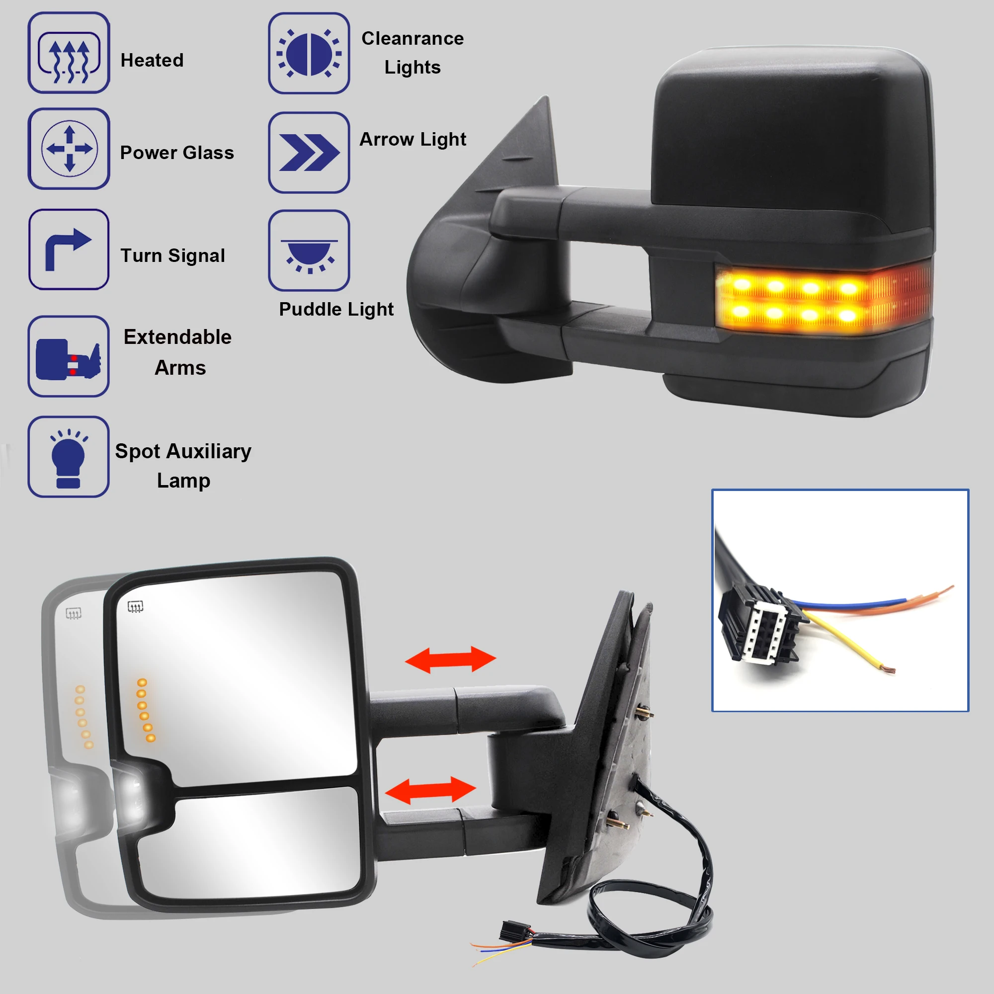 Towing Mirrors fit for 2007-2014 Chevy GMC Power Heated Smoked Turn Signal Arrow Light Auxiliary Light Manual Telescopic BC26-TM