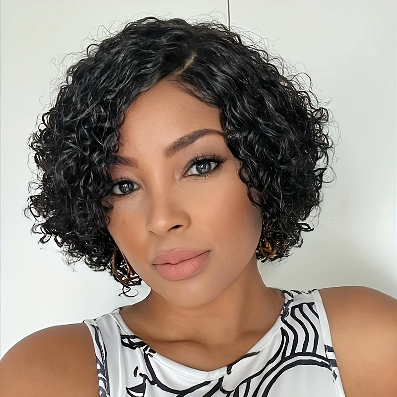 13x4x1 T Part  Lace Short Bob Wig Pixie Cut Curly Wig Remy Human Hair Wig For Women