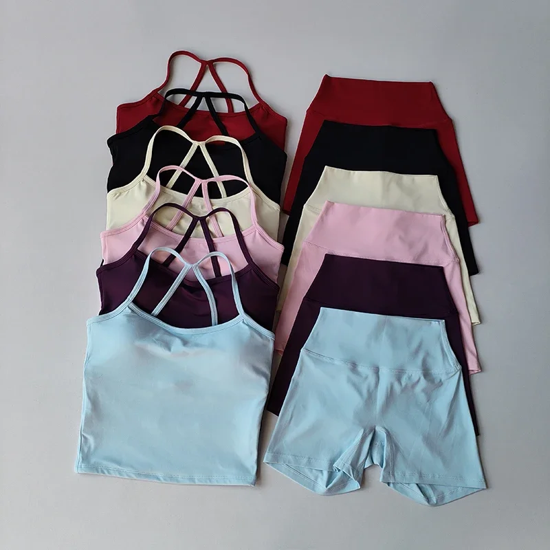Yoga Gym Set Halter Top High Waist Shorts Backless Tights Bra Vest Seamless Stretch Ribbed Buttocks Lift for Women