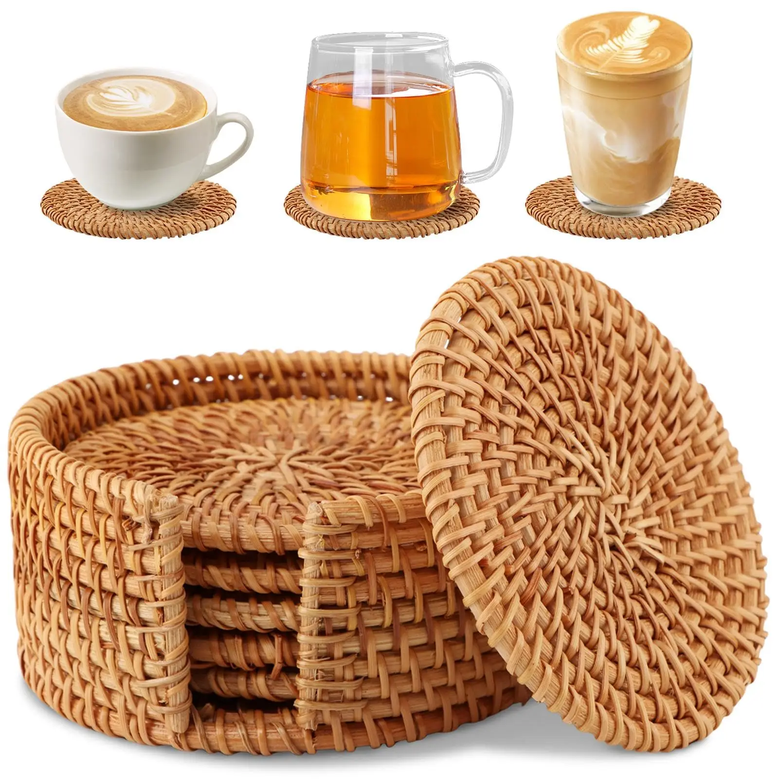 

6pcs Handmade Rattan Coaster Set with Holder Heat-Resistant Drink Coasters for Coffee Table Wicker Coasters Home Decor