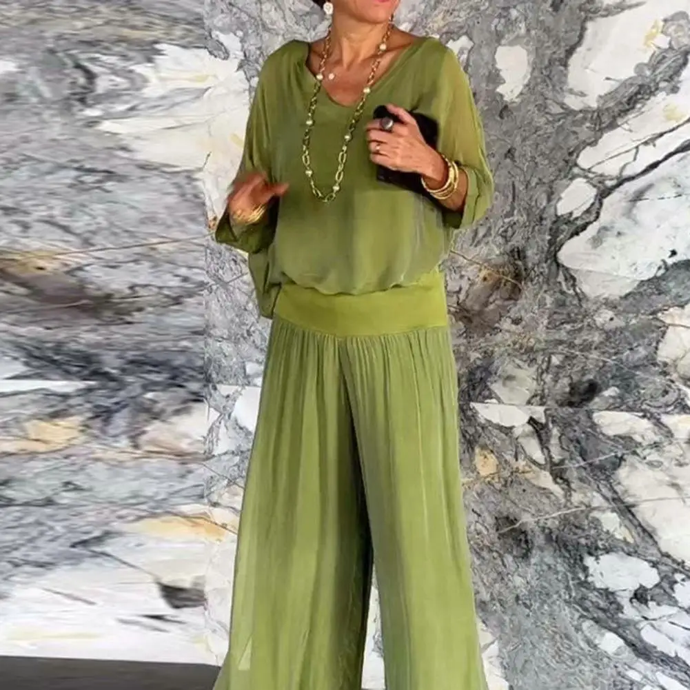 Women Commuting Set Elegant V Neck Pleated Top Wide Leg Pants Set for Women Soft Comfortable Outfit with Bat Sleeves Elastic