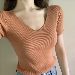 セクシーな女性tシャツリブニットvネック半袖レディースソリッドトップtシャツフィットネス韓国服tシャツ女性camiseta mujer