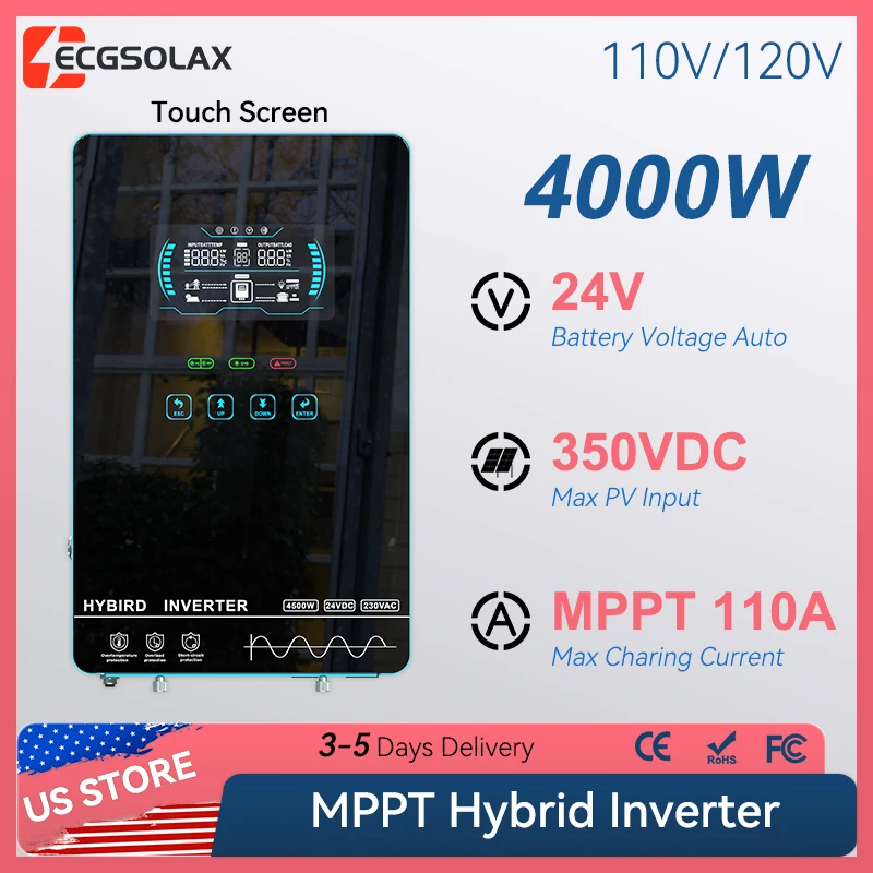 ECGSOLAX 4KW Hybrid Solar Inverter 24V 110V/120V With MPPT 110A Solar Charger Touch Screen LCD Hybrid Inverter With/Without WiFi