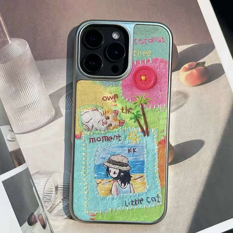 Ins Summer Splicing Beach Cat Girl Electroplated Frame Shockproof Chic Phone Case for IPhone 16 15 14 13 Pro Max Back Cover Capa