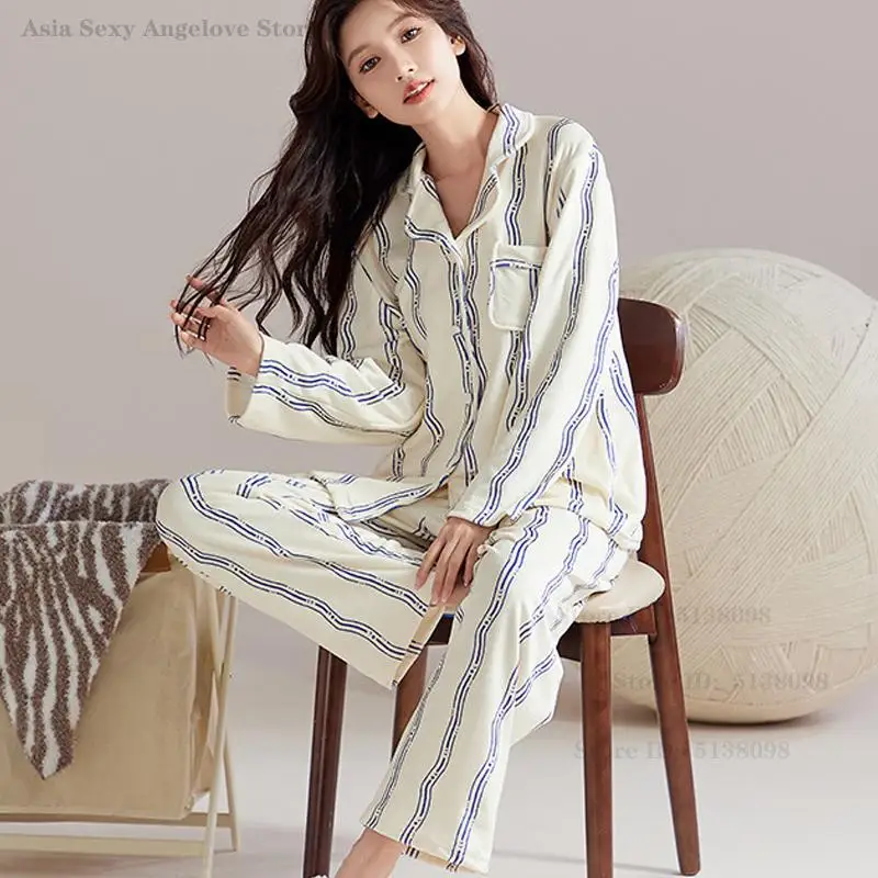 

Thicken Island Velvet 2PCS Pajamas Set New Autumn Winter Sleepwear Loose Casual Home Clothes Lady Warm Nightwear Loungewear