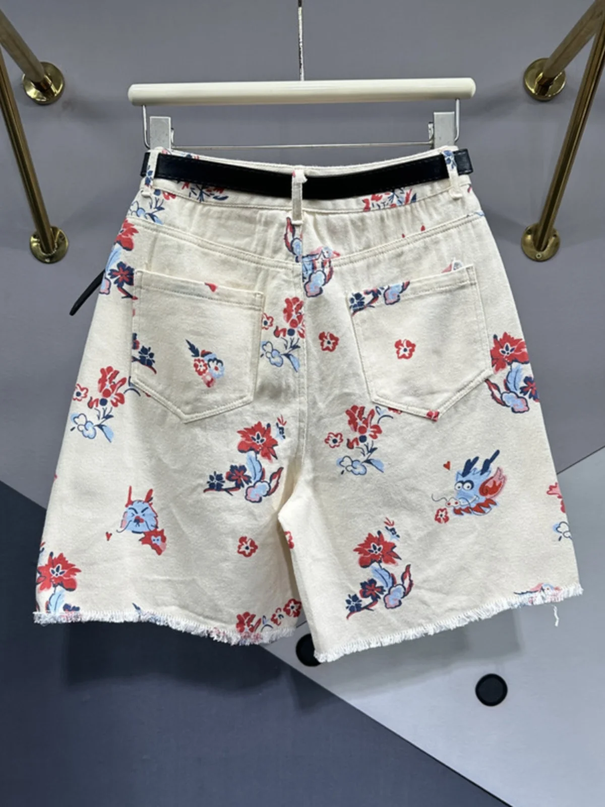 Wide Leg Straight Jean Middle Pants for Women 2024 Spring and Summer New Woman Loose Slimming Printed Denim High Waisted Shorts