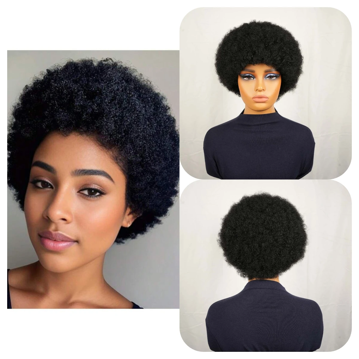 아프로 곱슬머리 픽시컷 인모 숏 가발 여성용 풀머신 메이드 가발 인모 블랙 컬러 자연스러운 가발