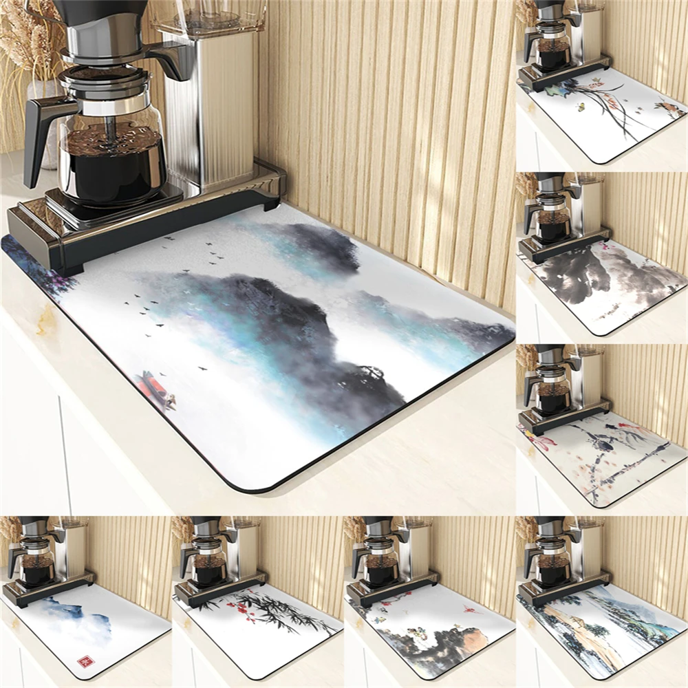 Chinese Style Dishes Mat Coaster Ink And Wash Pattern Placemats Decoration Mat Kitchen Utensil Absorbent Drying Mat For Kitchens