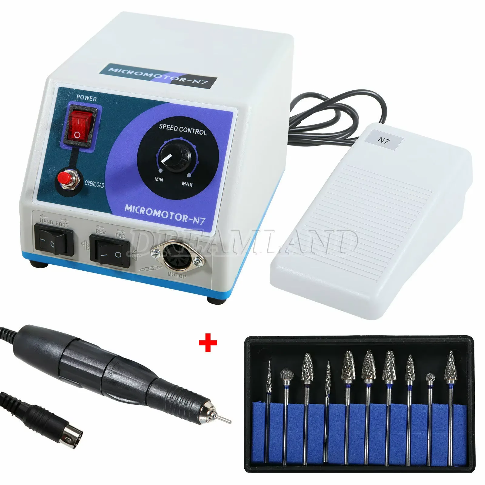Dental Lab Marathon Machine Electric Micromotor N7 Polisher 110V/220V/35K rpm Handpiece/10pcs Carbide Burs 2.35mm Polishing Set