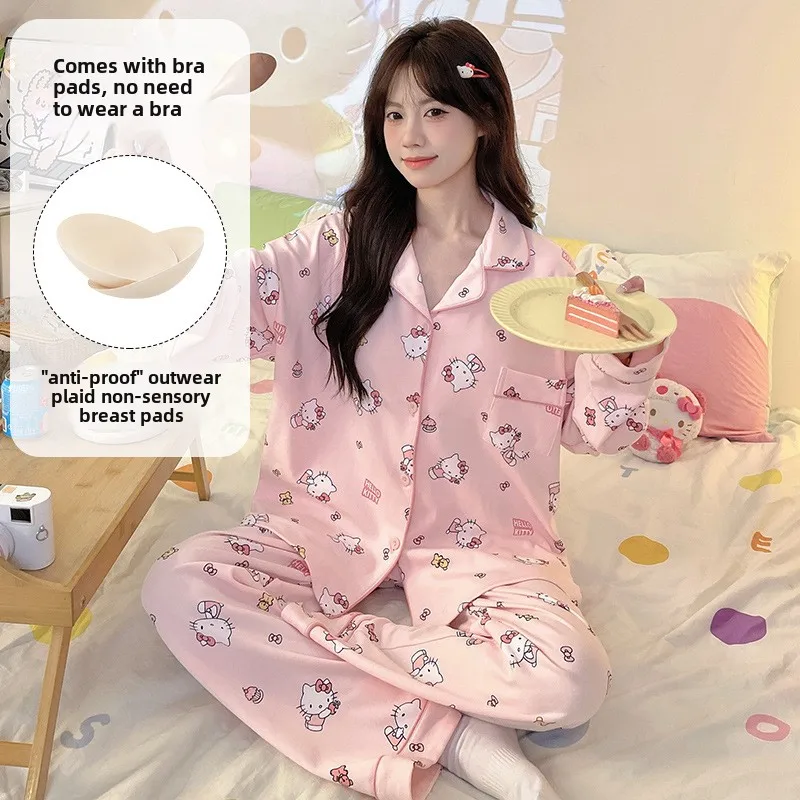 

new Sanrio Hello Kitty Silk Pajamas Women's Autumn Pure Cotton with Chest Pad Long-Sleeved Trousers Women's Pajamas Pajamas Suit