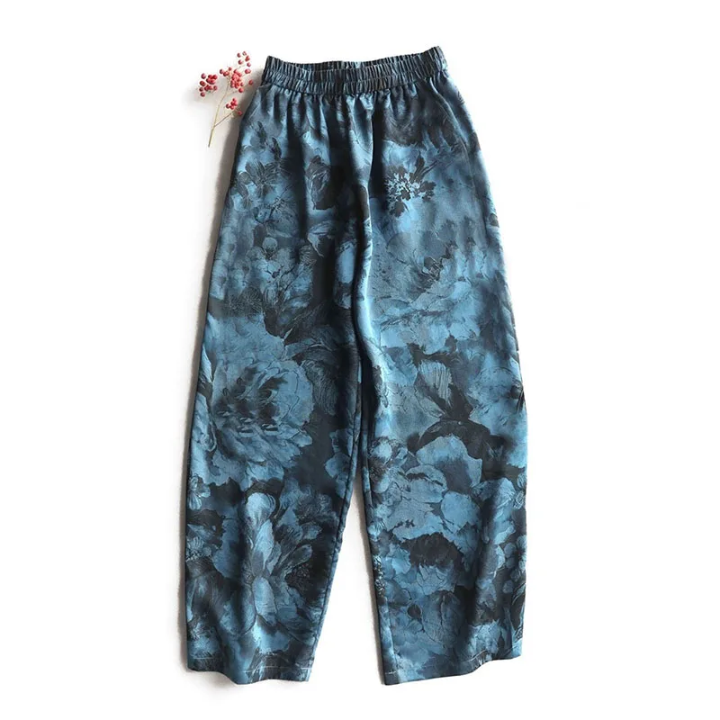

Elastic Waist Ankle Length Wide Legs Pants Summer Loose Blue Floral Print Trouser Women Chinese Straight Pants
