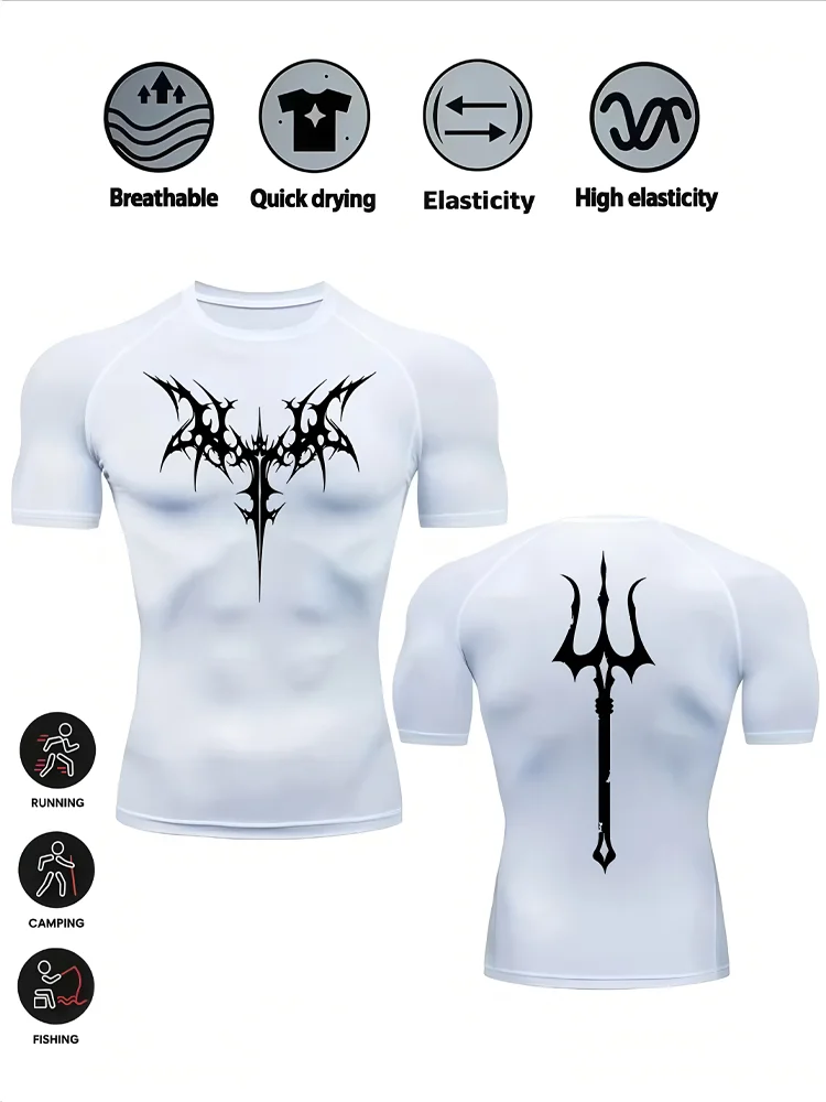 Men's Gothic Trident Print Compression Shirt Quick Dry Short