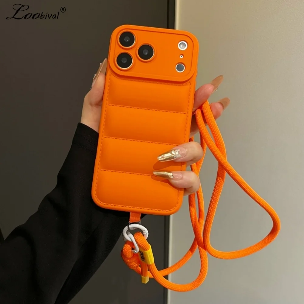 Fashion Down Jacket Lanyard Crossbody Case for iPhone 17 16 15 Pro Max 14 Plus 13 12 11 Air X Xr Xs Long Strap Solid Color Cover
