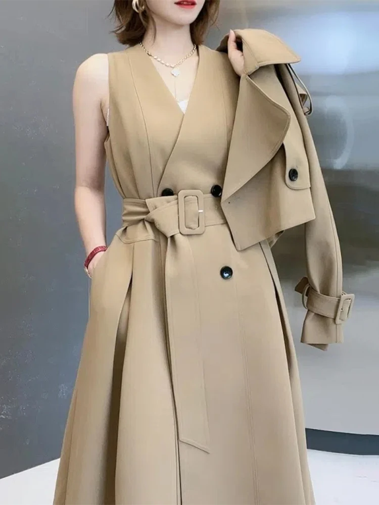 

2023 New Women Blazers Dress Two-piece Suit Fashion Long Sleeveless Mid Dress Set Spring Autumn Loose Two Piece Set for Women