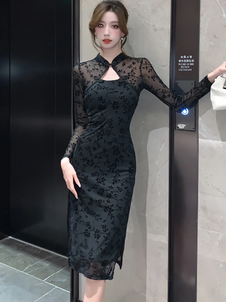 Vestido de malla con retales florales para mujer, prenda elegante de lujo, color negro, para fiesta de noche, primavera y otoño, Estilo Vintage coreano, 2024