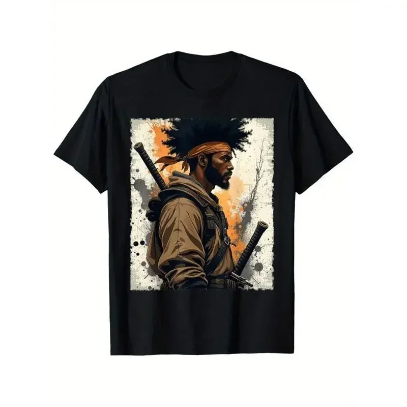 Vintage Graphic T-Shirt Featuring African American Samurai Warrior Bold Katana Design Casual Summer Tee in Regular Fit Available in Multiple Sizes