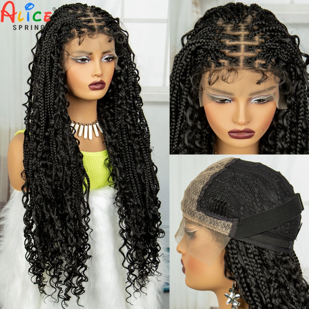 32inch Knotless Box Boho Braided Wigs With Curly Ends Synthetic Lace Frontal Bohemian Braids Wig with Baby Hair for Black Women