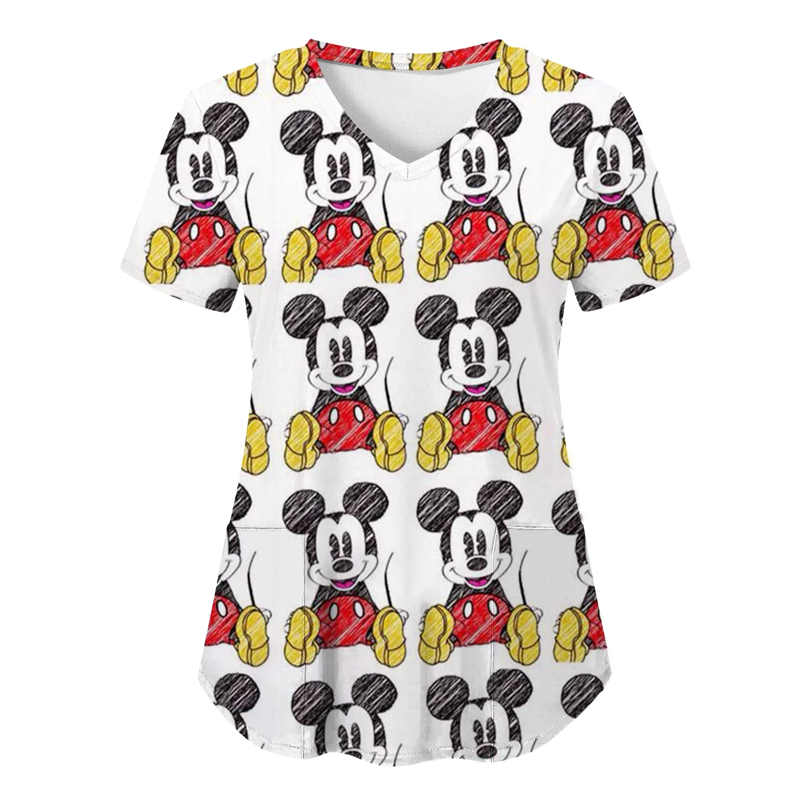 T-shirt Hospital Top Women 2023 Pocket Disney Shirts Nurse Uniform T-shirts V Neck Tops Minnie Mouse Woman Clothes Summer Mickey