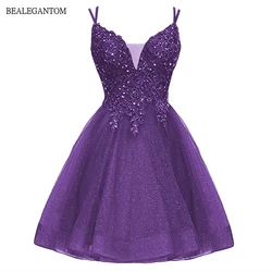 Bealegantom Short Homecoming Dresses V Neck Glitter Lace Applique Formal Cocktail Graudation Prom Party Gowns QA2022-9